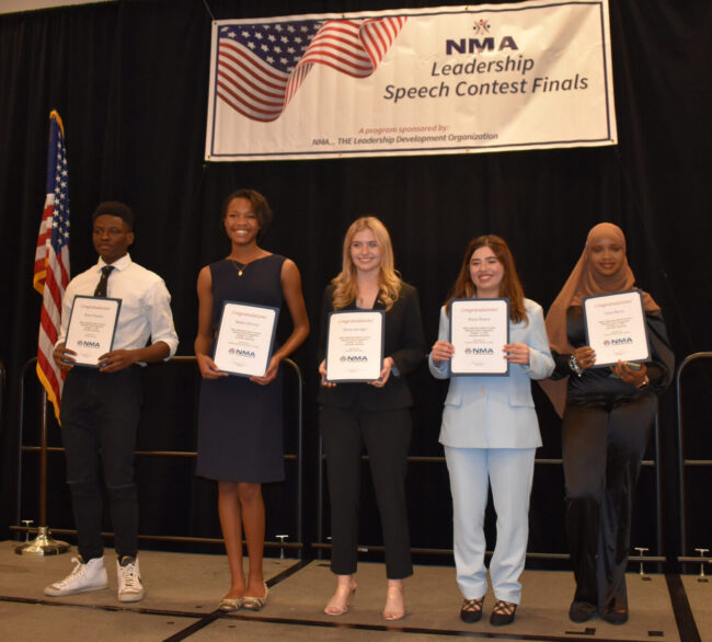 NMA Leadership Speech Contest Finals students holding certificates