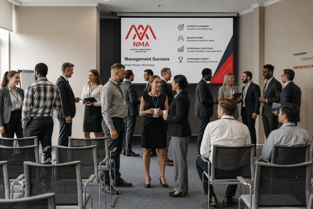 NMA-branded management training session with employees networking in a conference room