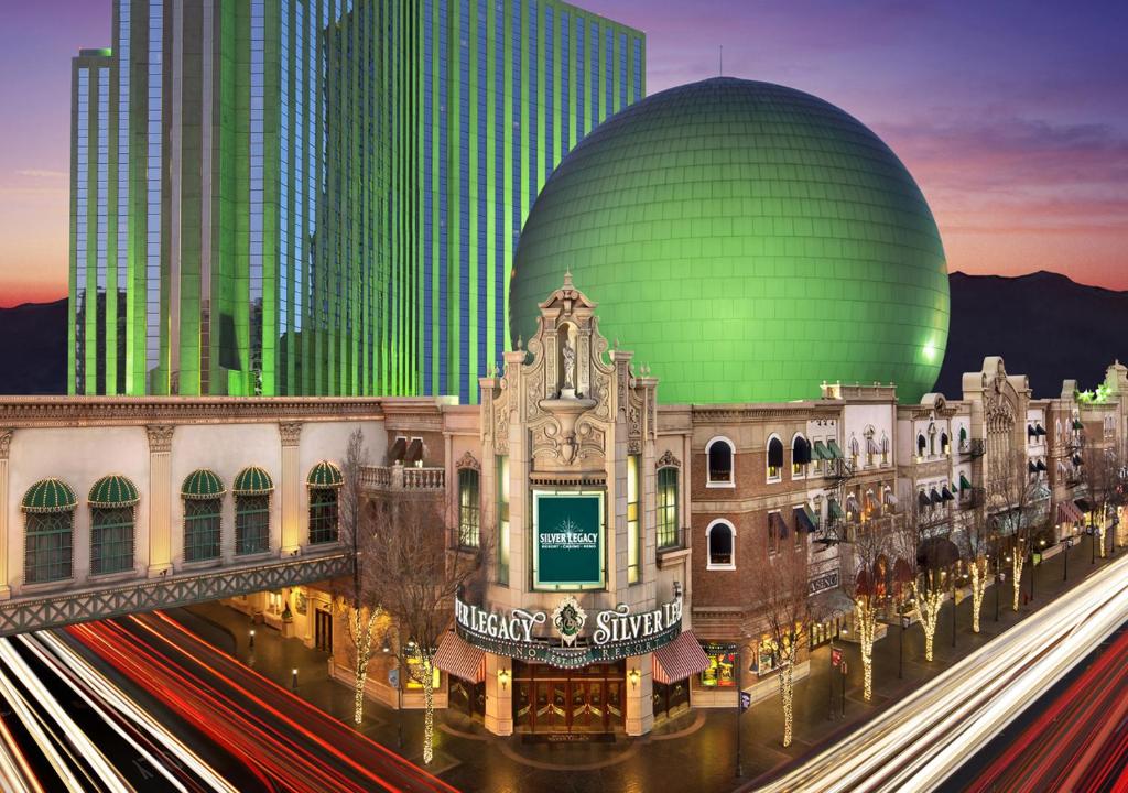 Silver Legacy Resort and Casino exterior at dusk, Reno, Nevada
